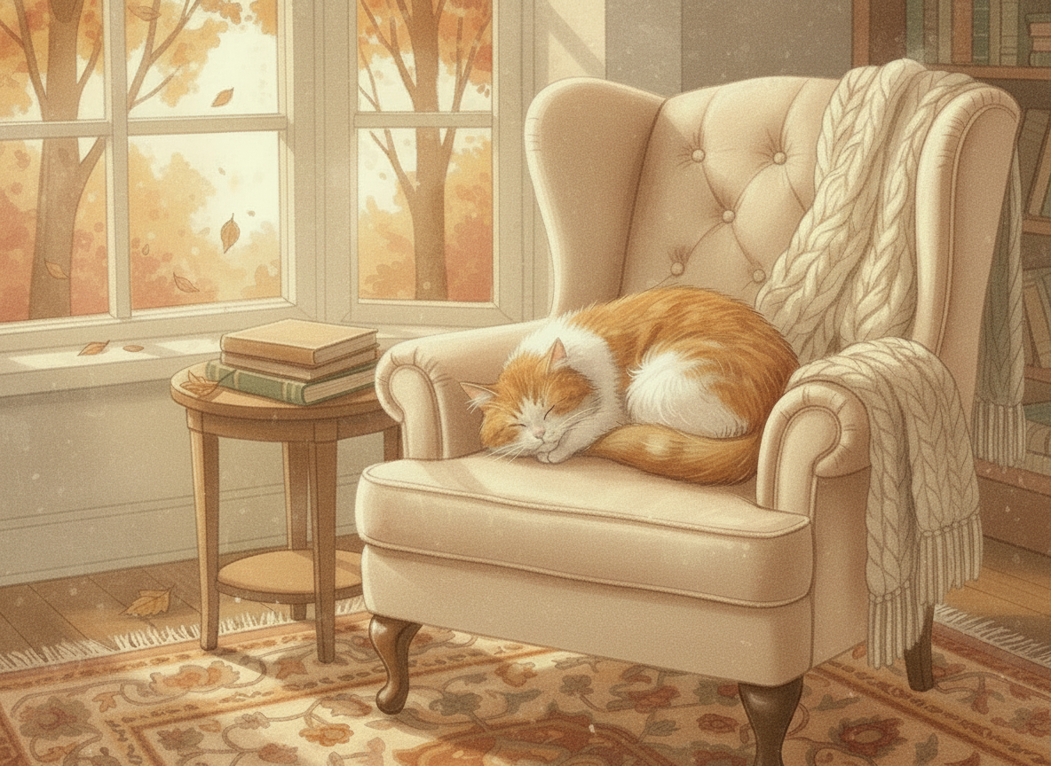 A cozy, warm autumn scene with a very soft, dreamy, watercolor-like quality. A small, long-haired fluffy cat with a thick mane and soft flowing fur is curled up sleeping peacefully on a plush armchair. The entire image is softened — gentle, muted, hazy tones throughout. Soft cream, dusty amber, warm taupe, and blush tones. The chair, rug, cat, and background all blend together in a harmonious, gentle wash of warm colour. Soft golden autumn light diffused through a window. A few books nearby. No coffee, no mugs. The overall feeling is dreamy, peaceful, and very soft — like a watercolor painting or a soft-focus photograph.