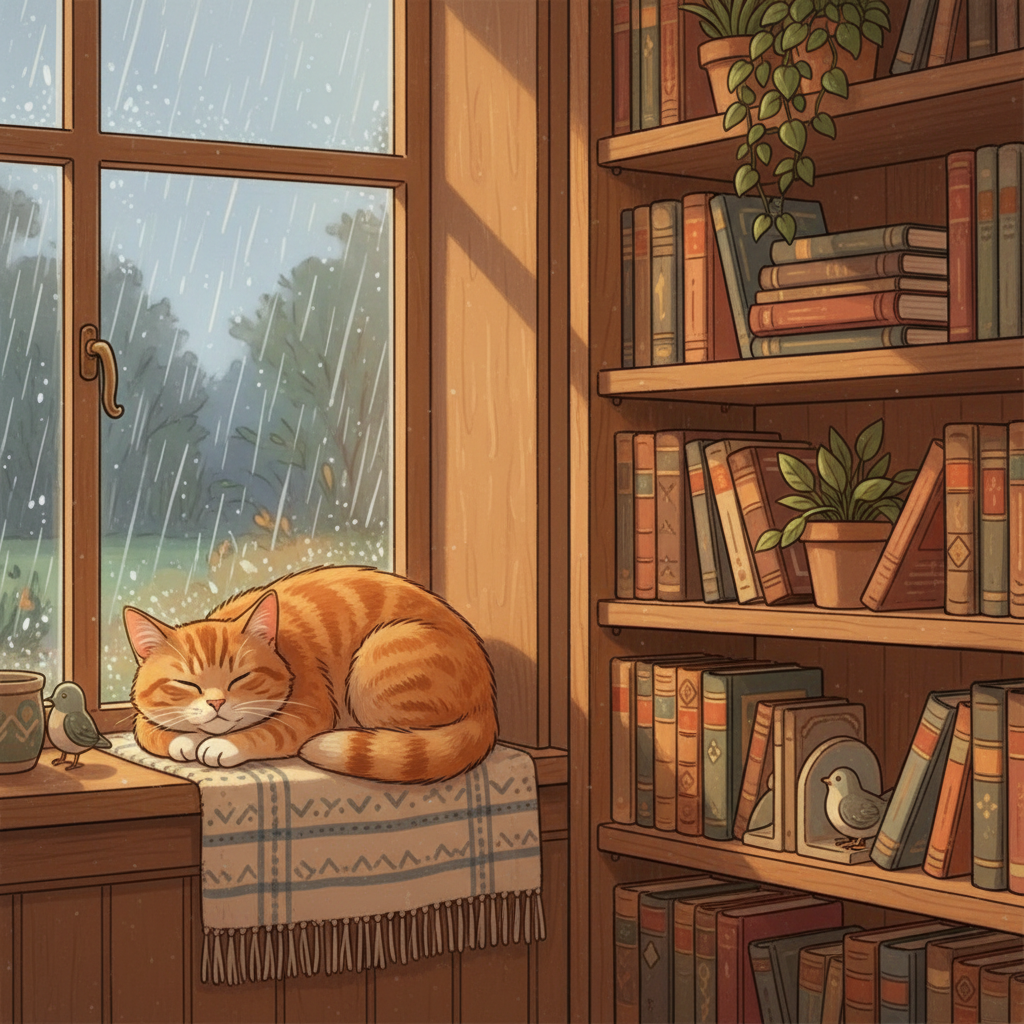 A cozy cat resting peacefully on a window ledge, gazing out at rain falling outside. Behind the cat, warm bookshelves filled with books are visible on the right side. Soft, warm indoor lighting. No coffee cup or any drinks anywhere. Charming, cozy illustration style. The rain streaks down the window glass outside.